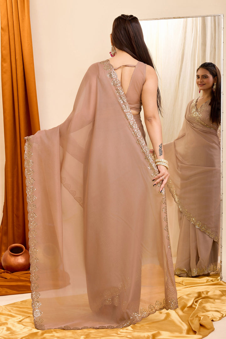Brown Color Sequins Work Graceful Casual Wear Georgette Saree | Buy Online India