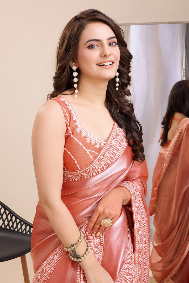 Radiant Peach Color Festival Wear Border Work Art Silk Saree | Buy Online India