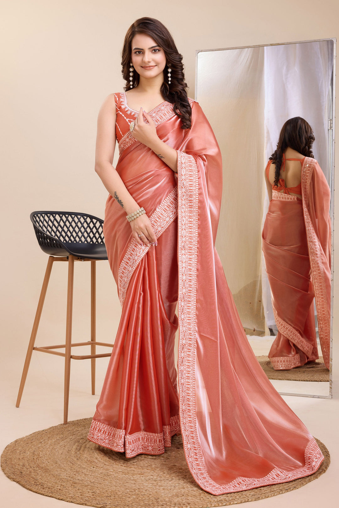 Radiant Peach Color Festival Wear Border Work Art Silk Saree | Buy Online India