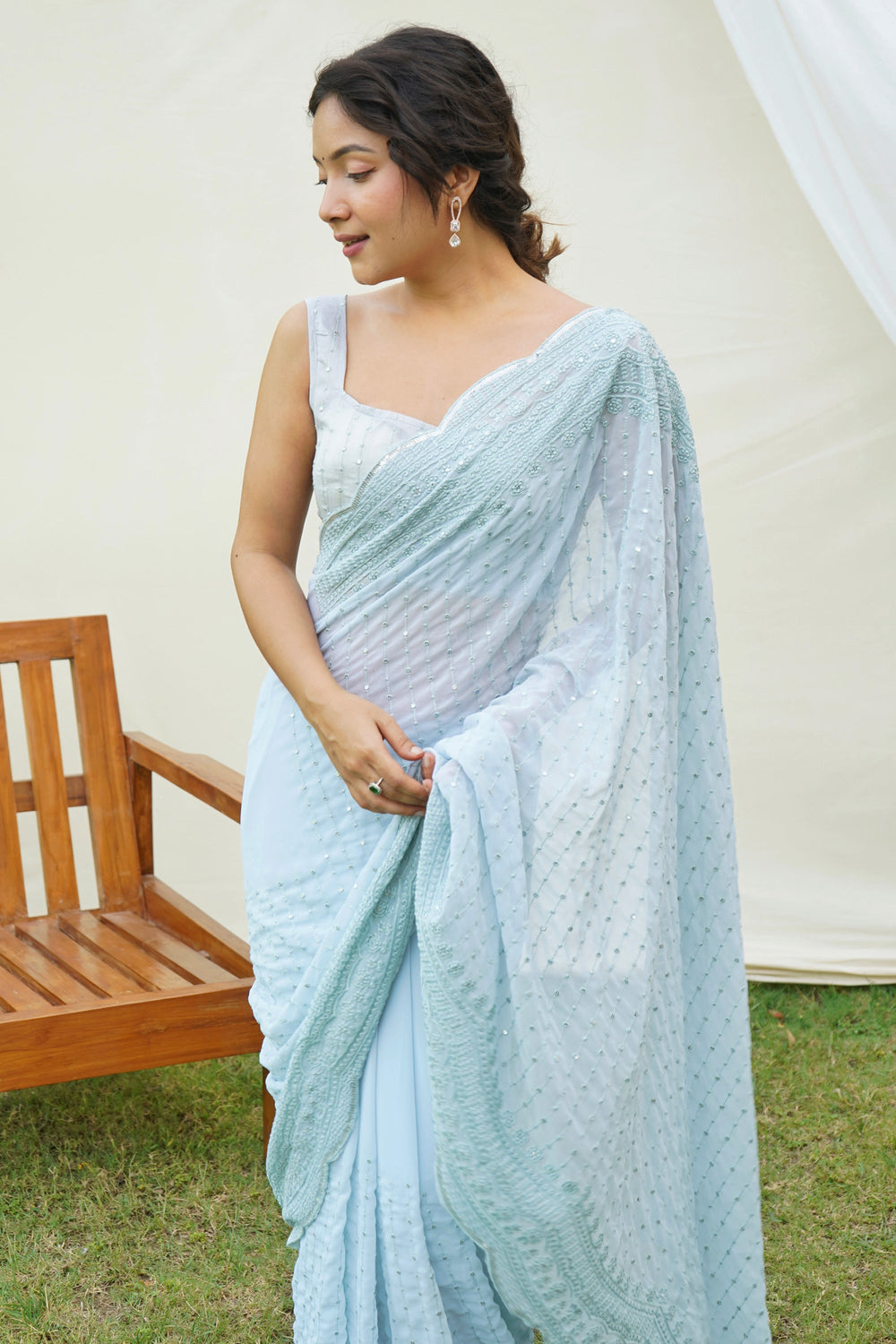 Sequins Work Imposing Festive Wear Georgette Saree In Sky Blue Color | Buy Online India