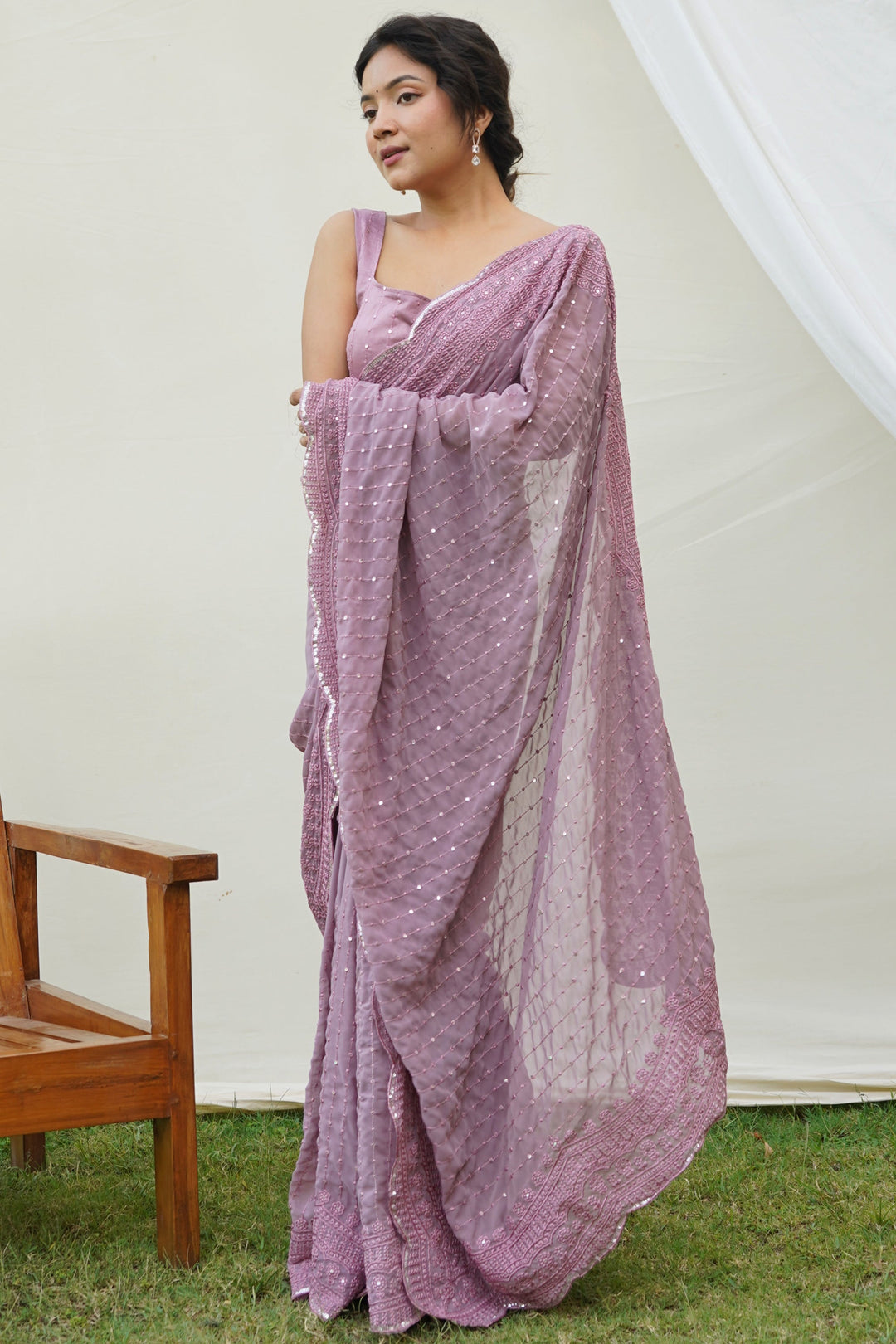 Delicate Lavender Color Sequins Work Festive Wear Georgette Saree | Buy Online India