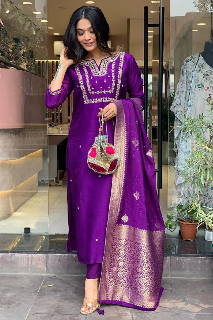 Ingenious Embroidered Purple Color Viscose Fabric Readymade Salwar Suit | Buy Online India