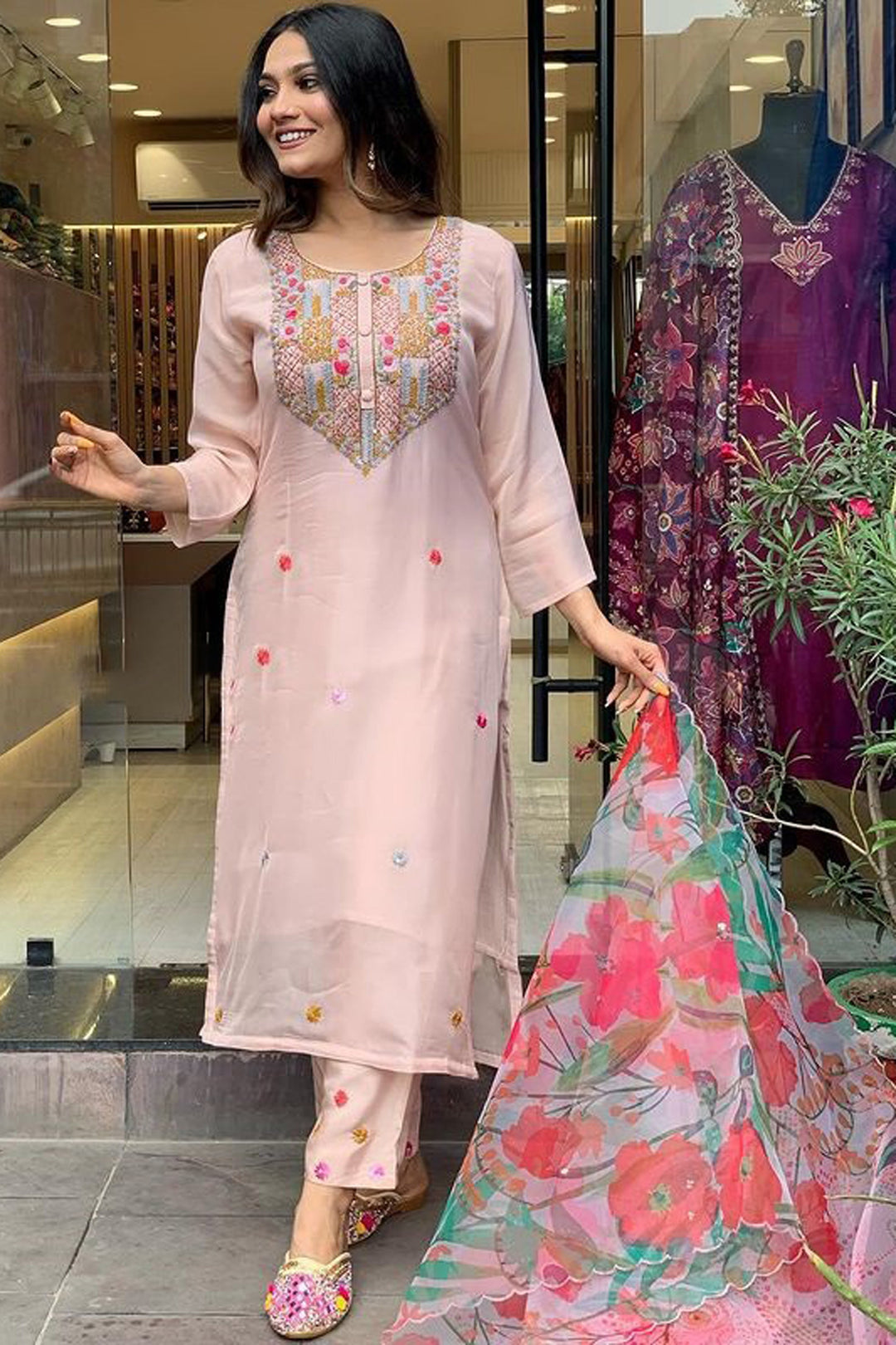 Phenomenal Embroidered Pink Color Crepe Fabric Readymade Salwar Suit | Buy Online India