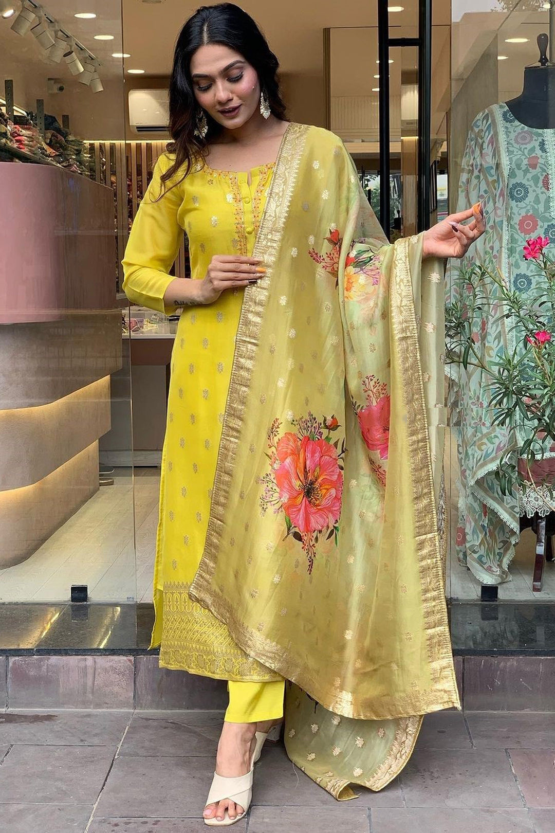 Fashionable Yellow Color Embroidered Viscose Fabric Readymade Salwar Suit | Buy Online India