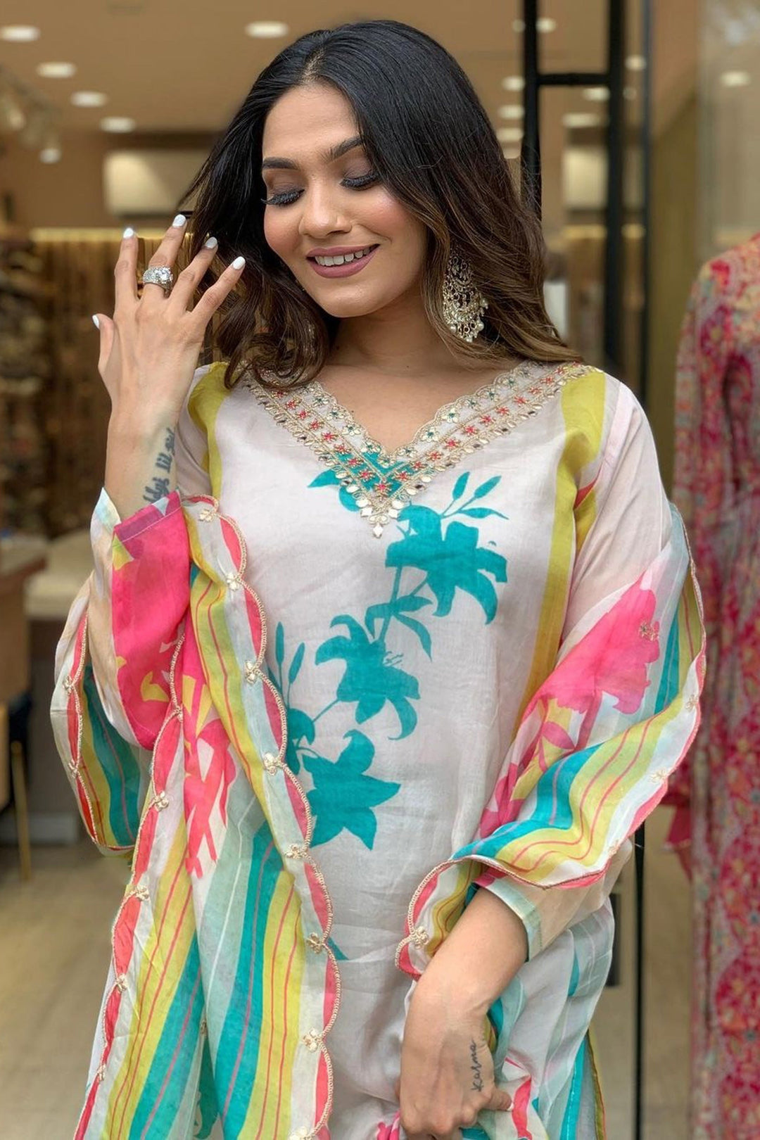 Glamorous Cream Color Embroidered Organza Fabric Readymade Salwar Suit | Buy Online India