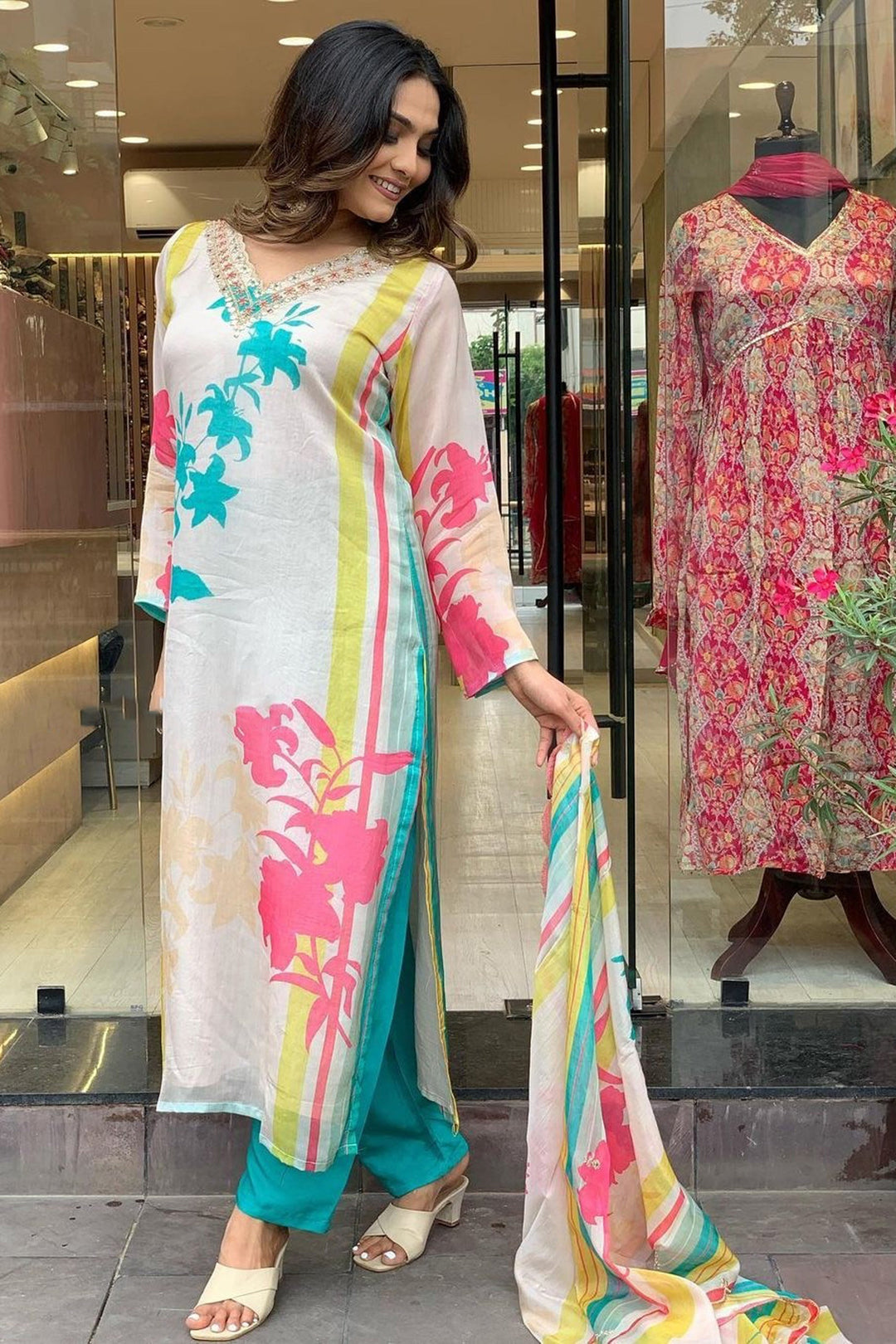Glamorous Cream Color Embroidered Organza Fabric Readymade Salwar Suit | Buy Online India
