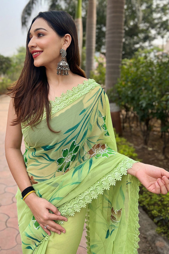 Floral Print On Sea Green Color Fashionable Saree In Fancy Fabric | Buy Online India