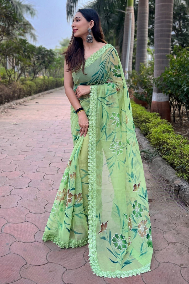 Floral Print On Sea Green Color Fashionable Saree In Fancy Fabric | Buy Online India