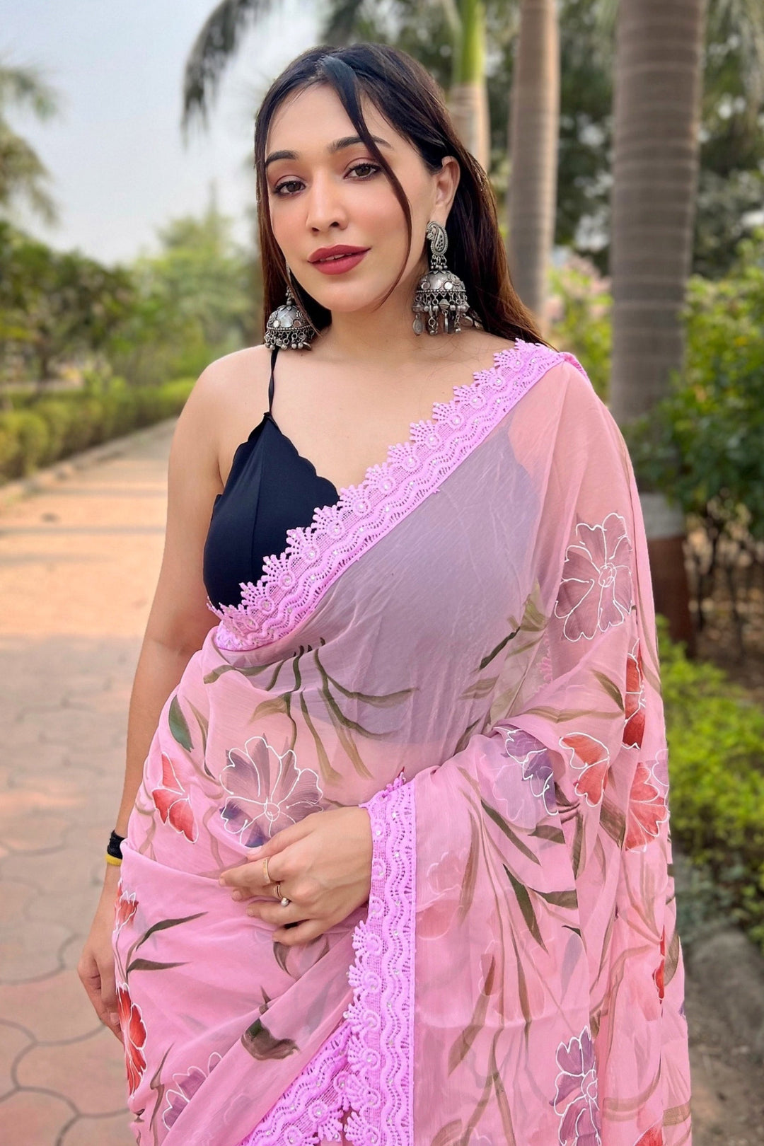 Pink Color Floral Print Fancy Fabric Daily Wear Saree | Buy Online India