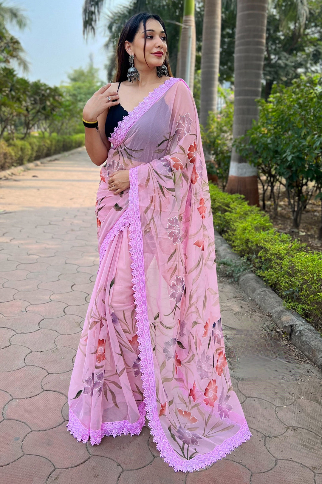 Pink Color Floral Print Fancy Fabric Daily Wear Saree | Buy Online India