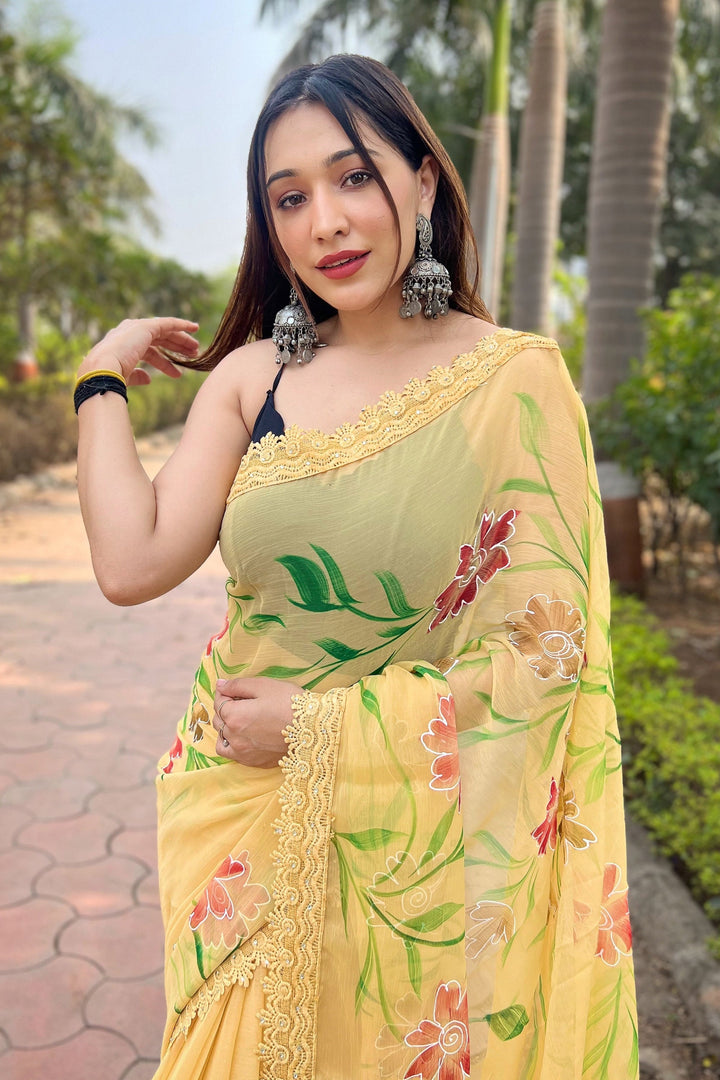 Yellow Color Fancy Fabric Floral Print Stylish Saree | Buy Online India