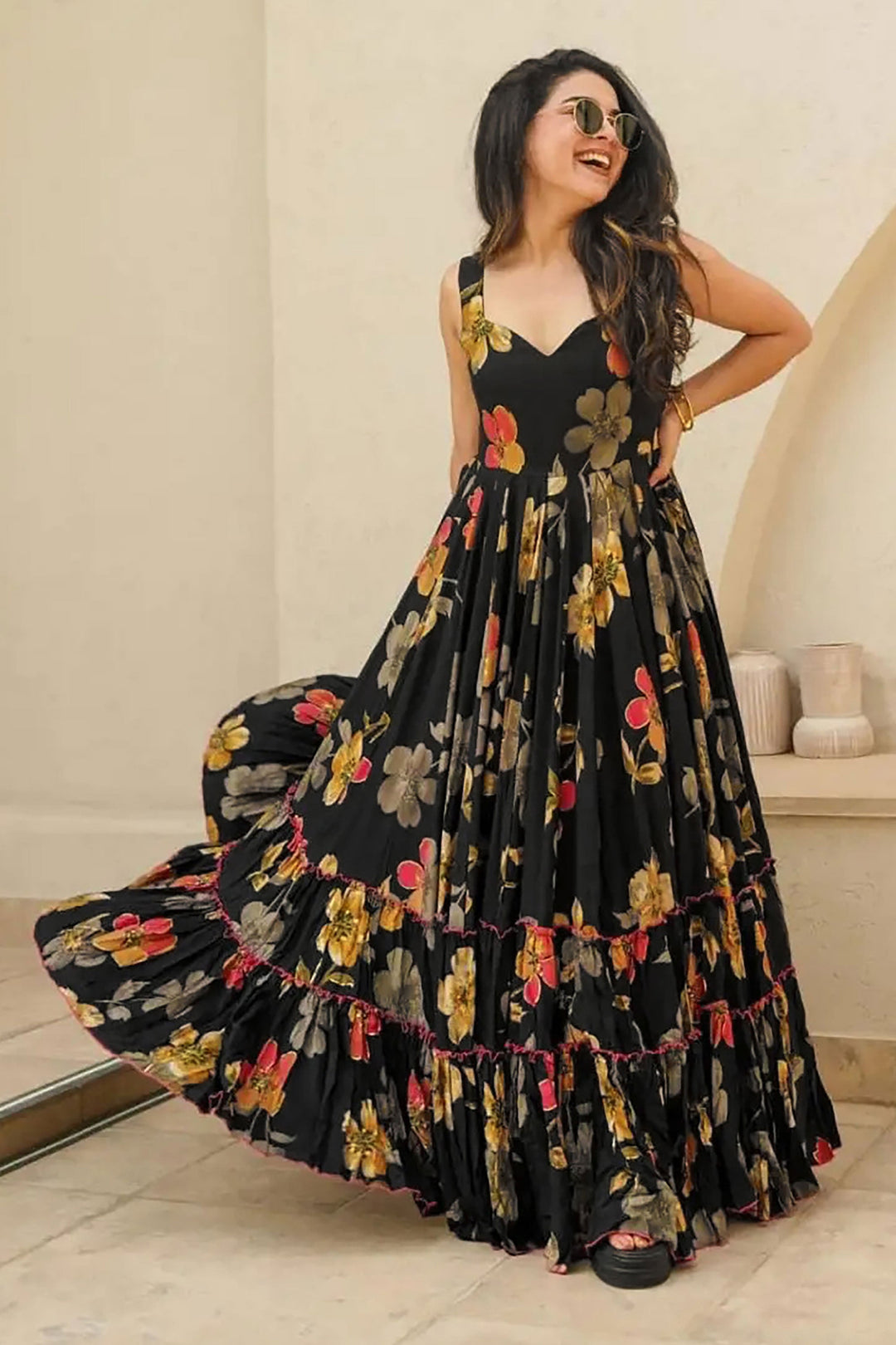 Incredible Digital Printed Rayon Fabric Black Color Readymade Gown | Buy Online India