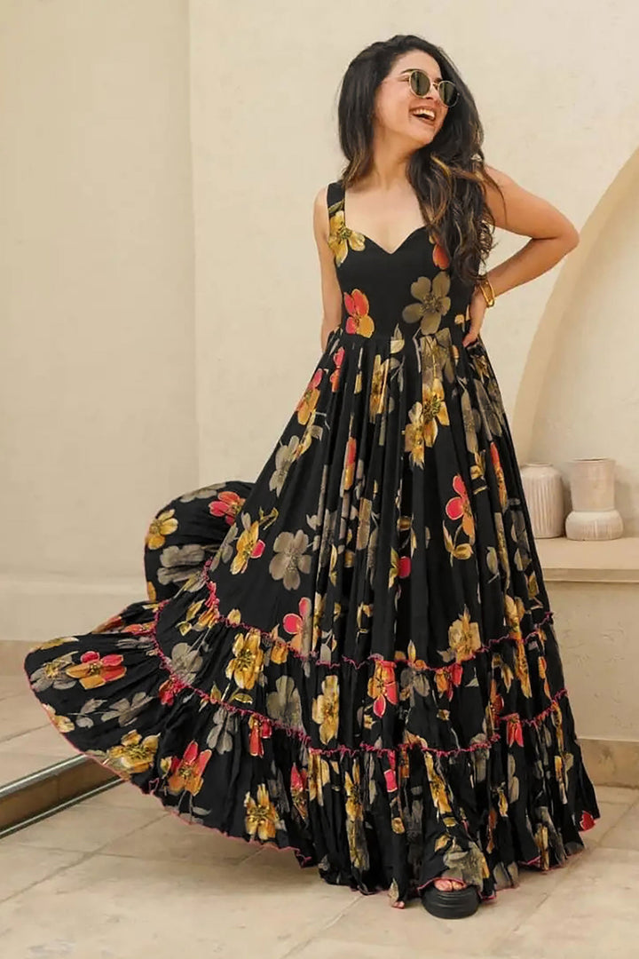 Incredible Digital Printed Rayon Fabric Black Color Readymade Gown | Buy Online India