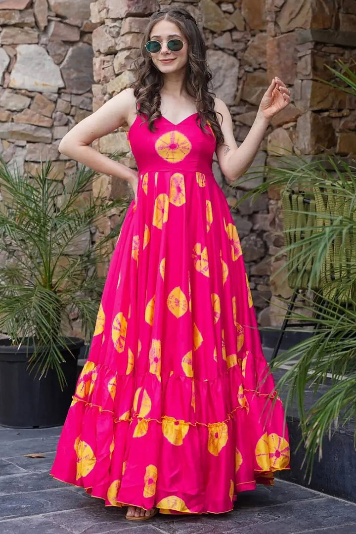Tempting Rayon Fabric Rani Pink Color Digital Printed Readymade Gown | Buy Online India