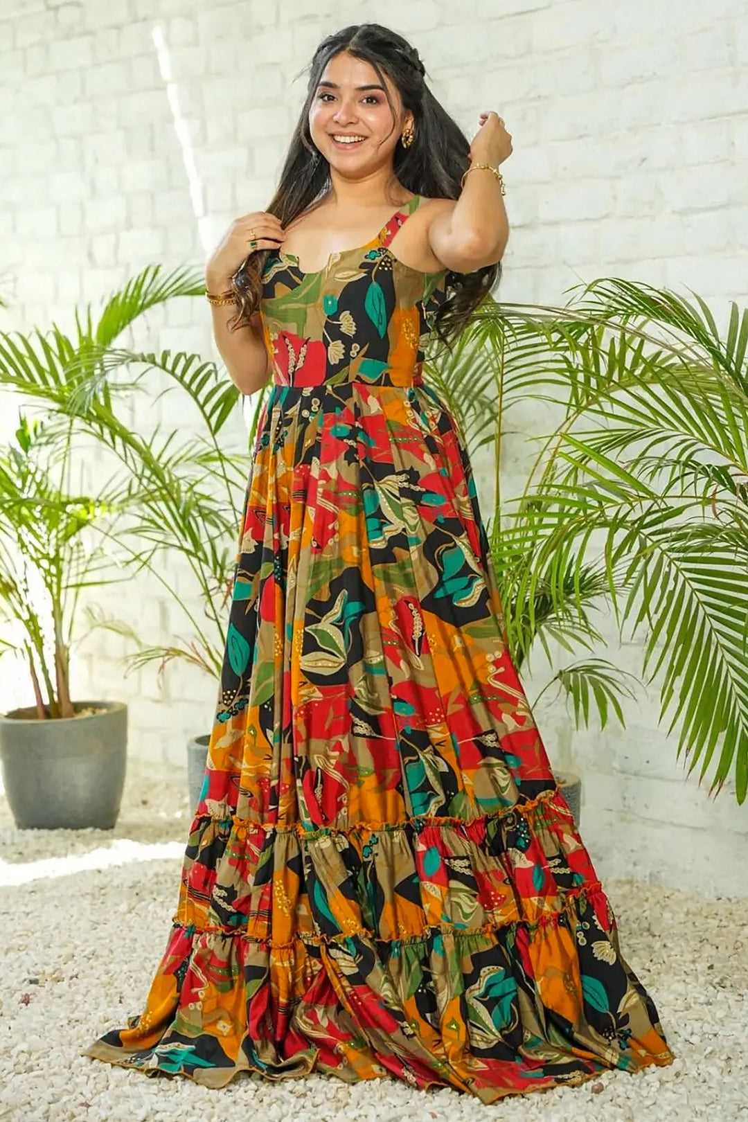 Rayon Fabric Delicate Digital Printed Readymade Gown In Multi Color | Buy Online India