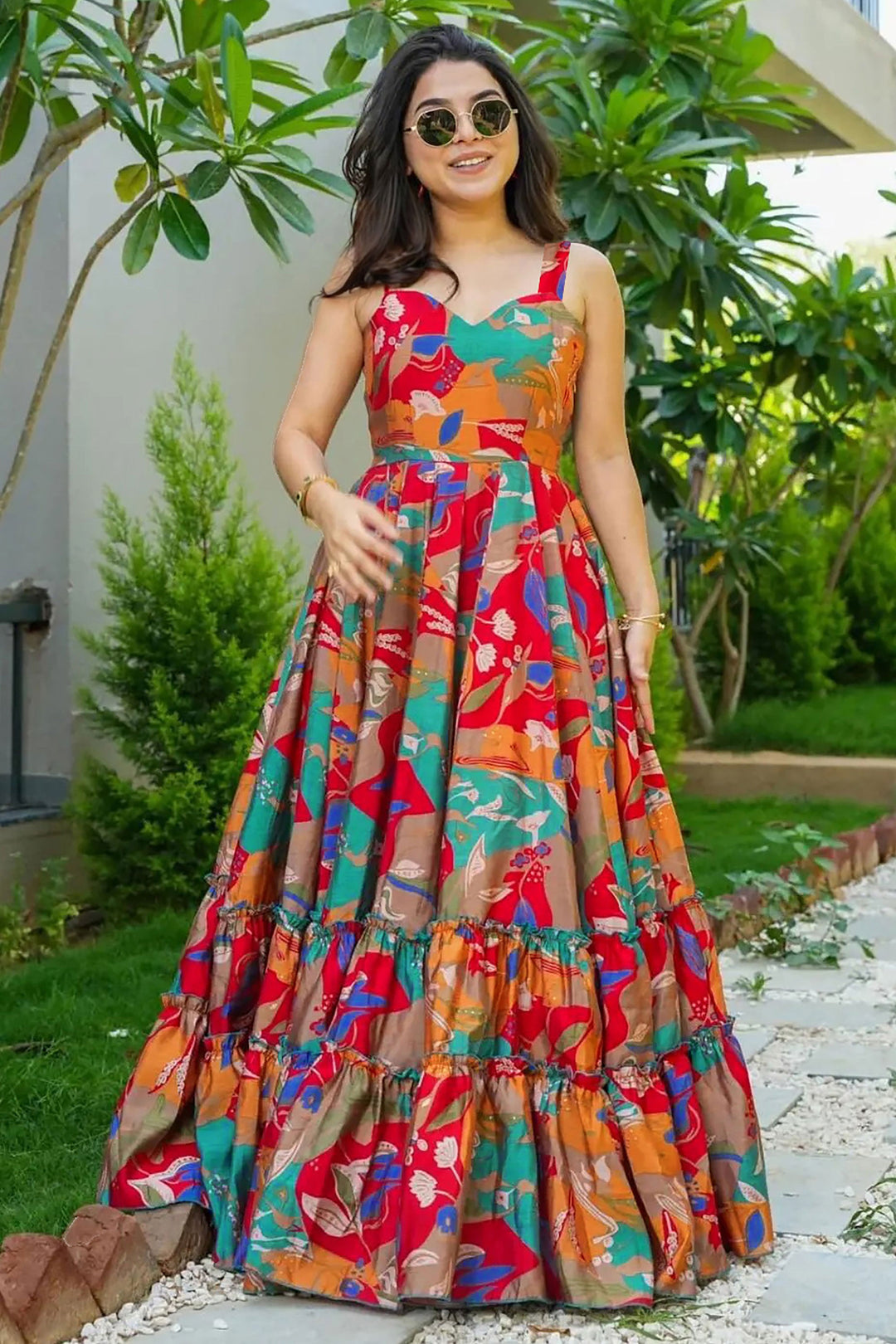 Engaging Multi Color Digital Printed Readymade Gown In Rayon Fabric | Buy Online India