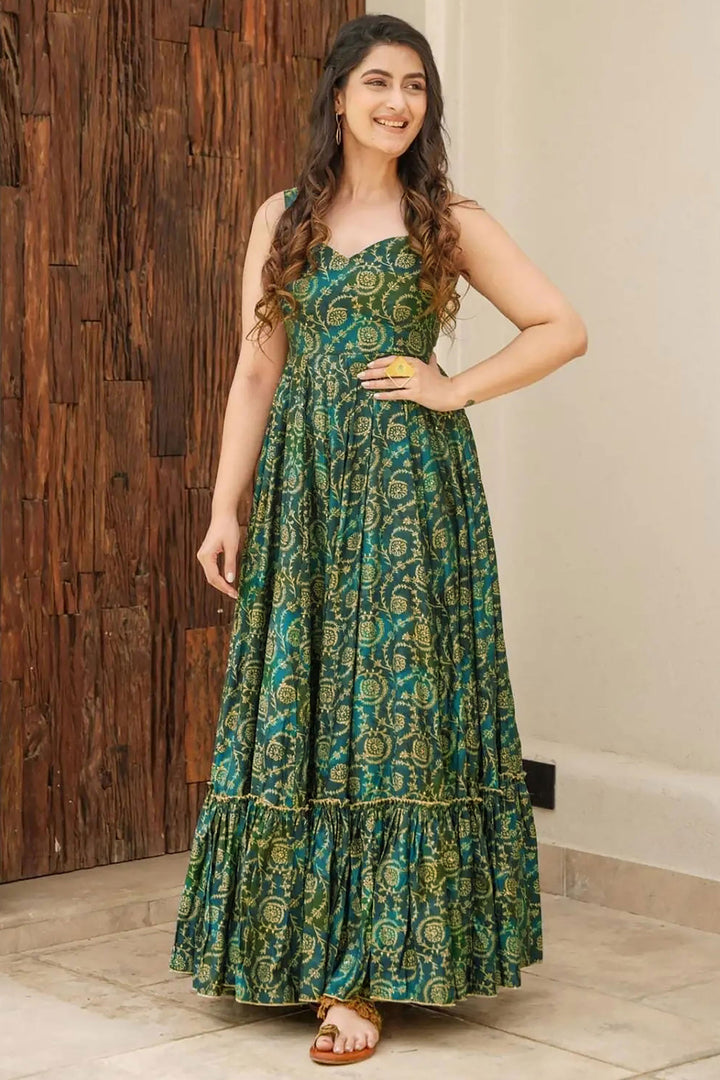Green Color Digital Printed Rayon Fabric Chic Readymade Gown | Buy Online India