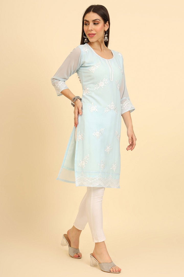 Georgette Fabric Sky Blue Color Pleasance Kurti | Buy Online India