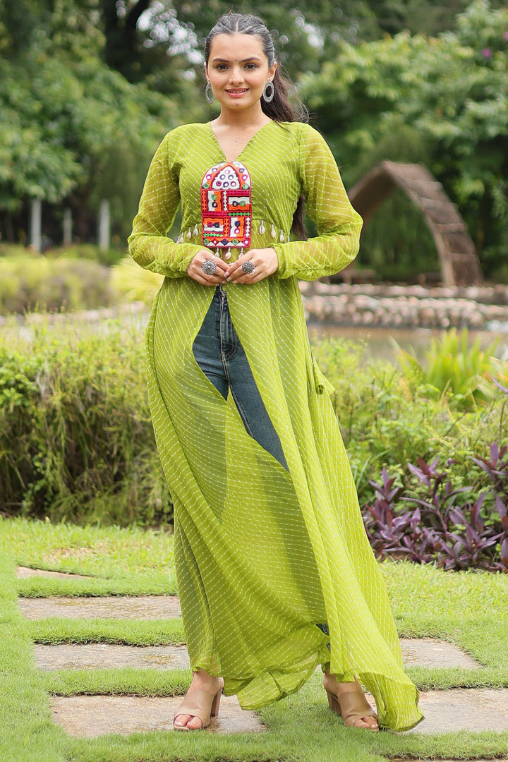 Bewitching Laheriya Printed Kutchi Patch Work Green Kurti | Buy Online India