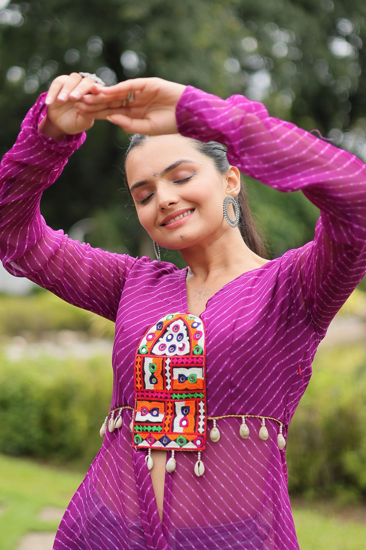Beguiling Laheriya Printed Kutchi Patch Work Purple Kurti | Buy Online India