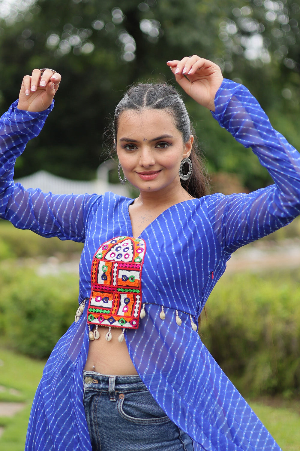Appealing Laheriya Printed Kutchi Patch Work Blue Kurti | Buy Online India