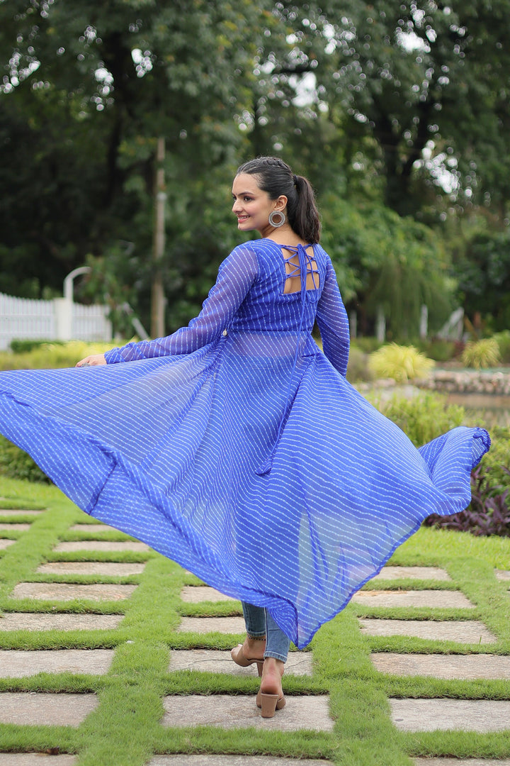 Appealing Laheriya Printed Kutchi Patch Work Blue Kurti | Buy Online India