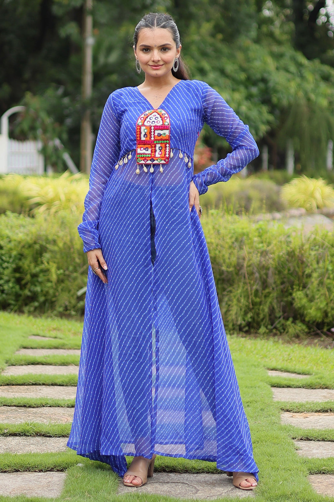 Appealing Laheriya Printed Kutchi Patch Work Blue Kurti | Buy Online India