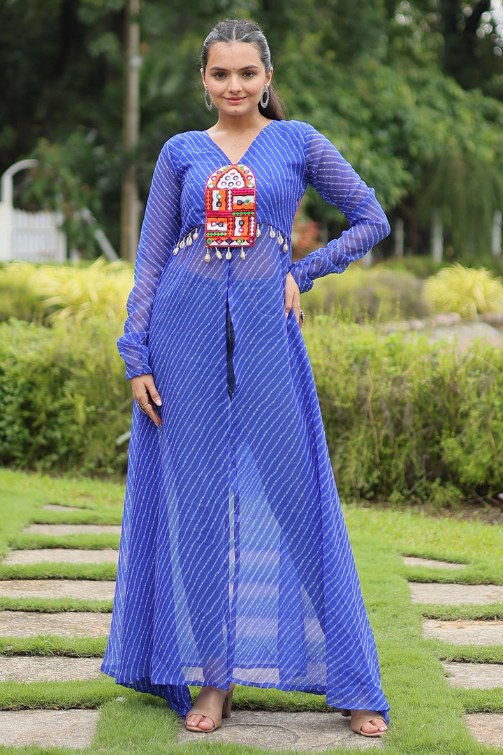Appealing Laheriya Printed Kutchi Patch Work Blue Kurti | Buy Online India