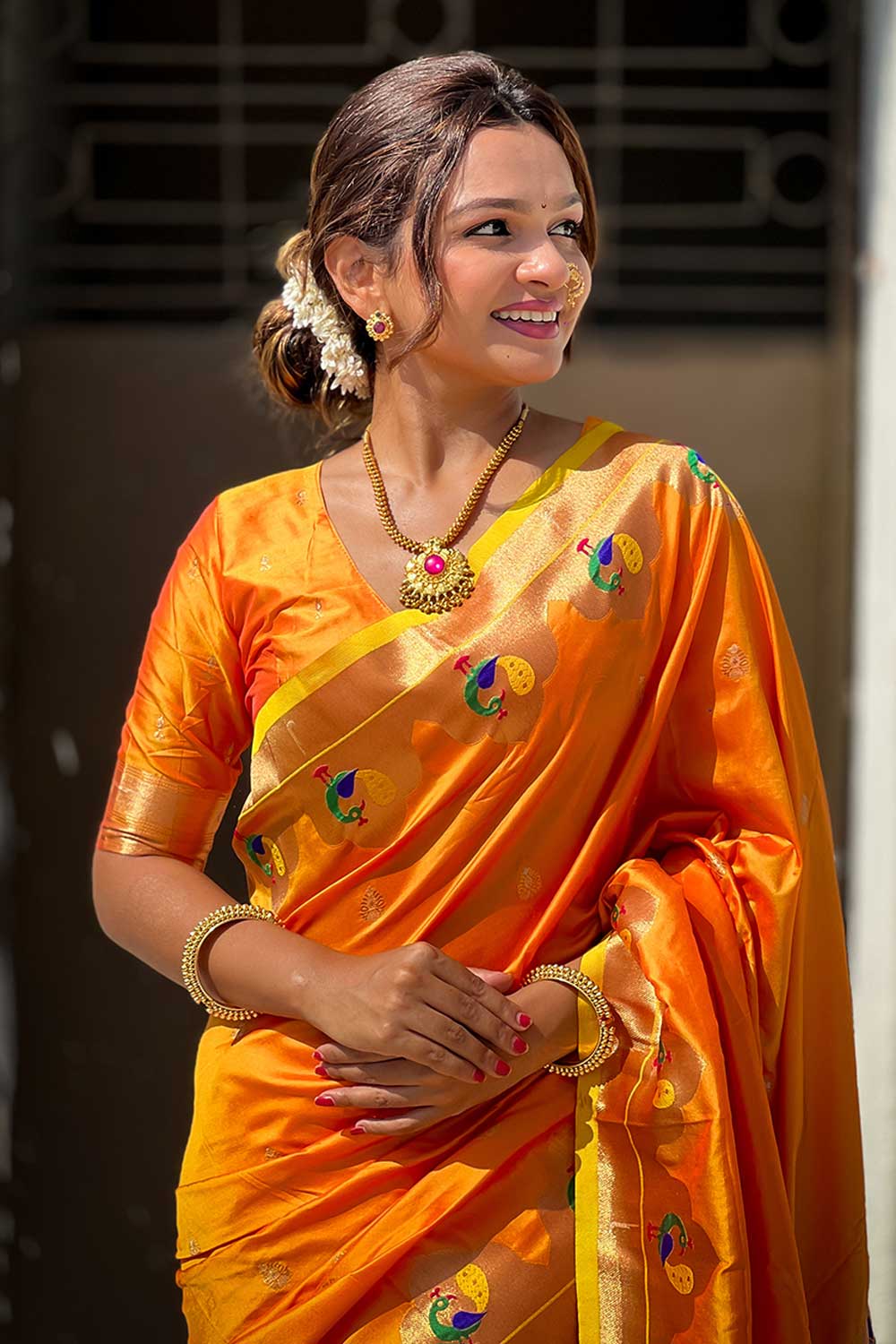 Weaving Work Soothing Paithani Silk Saree In Orange Color | Buy Online India