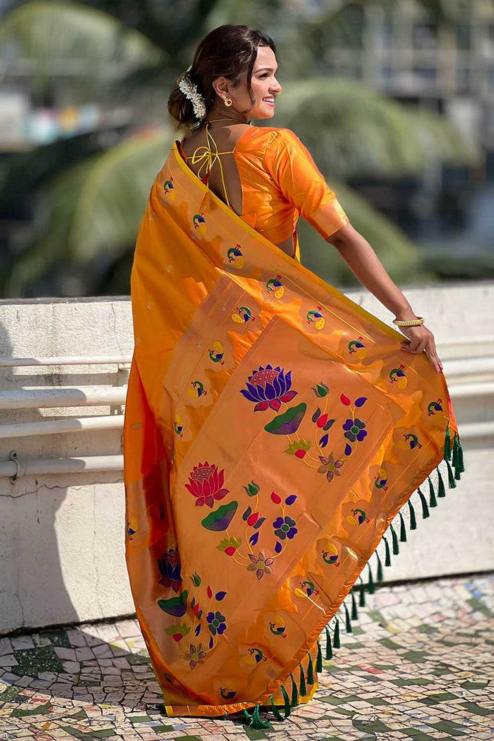 Weaving Work Soothing Paithani Silk Saree In Orange Color | Buy Online India