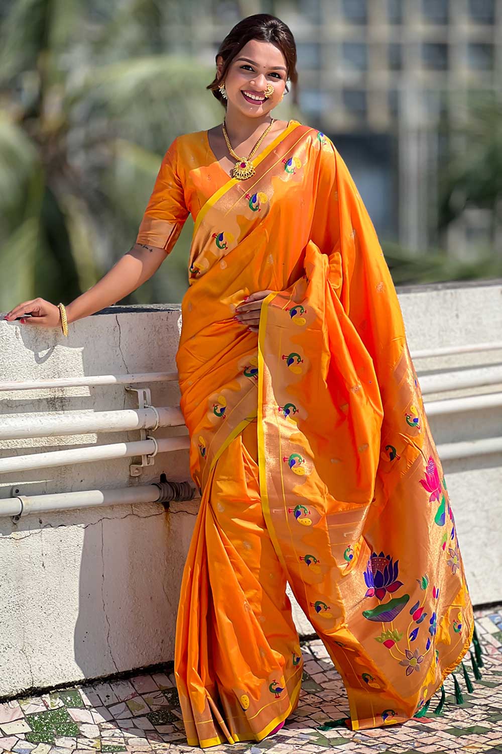 Weaving Work Soothing Paithani Silk Saree In Orange Color | Buy Online India