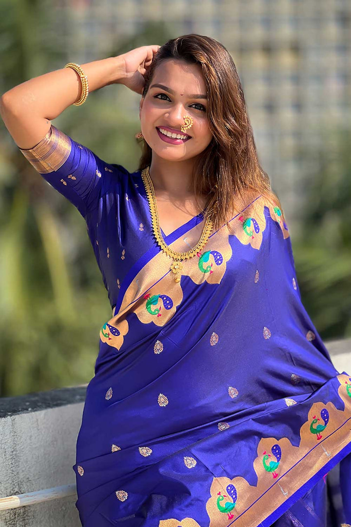 Delicate Blue Color Weaving Work Paithani Silk Saree | Buy Online India