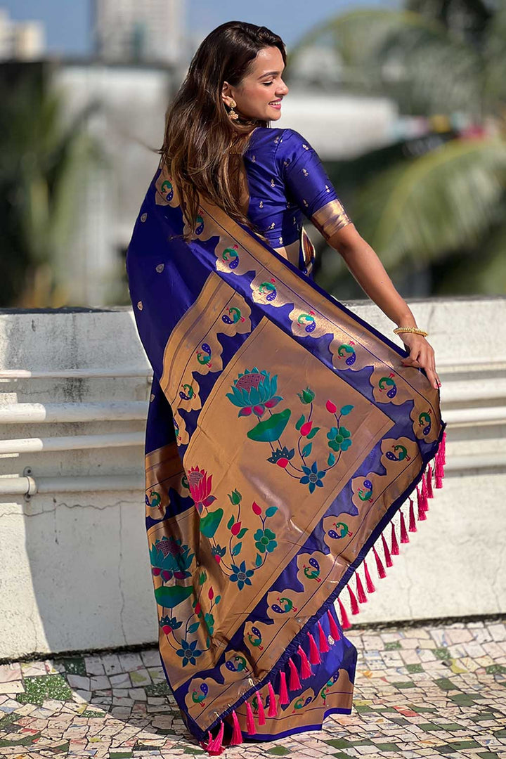Delicate Blue Color Weaving Work Paithani Silk Saree | Buy Online India
