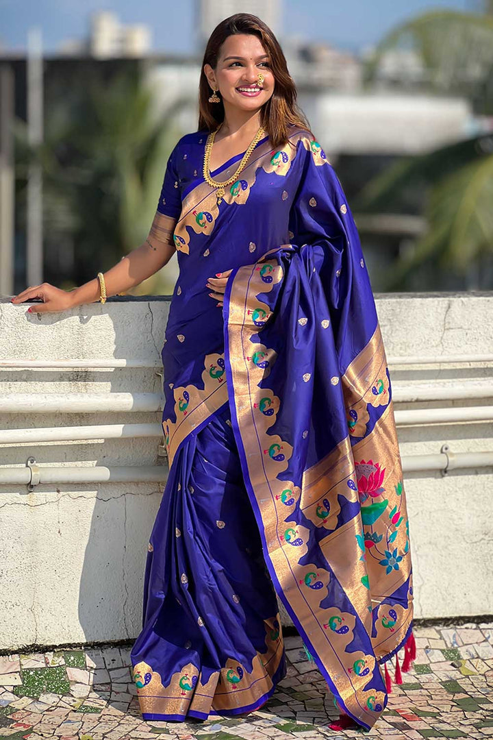 Delicate Blue Color Weaving Work Paithani Silk Saree | Buy Online India