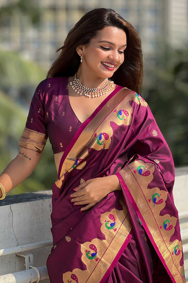 Blazing Magenta Color Weaving Work Paithani Silk Saree | Buy Online India