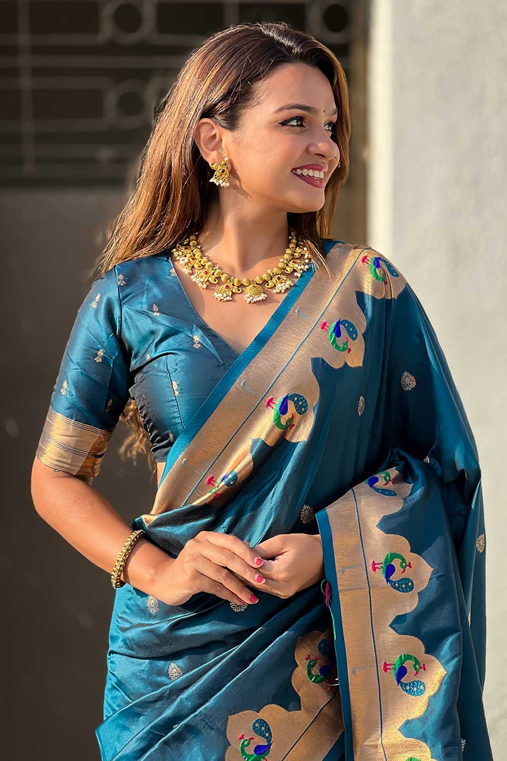 Teal Color Weaving Work Brilliant Paithani Silk Saree | Buy Online India