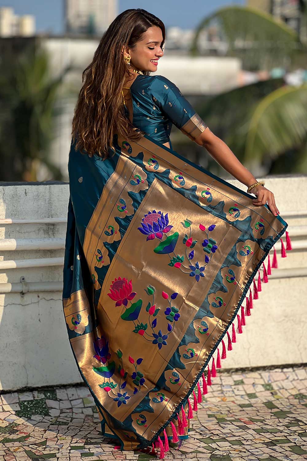 Teal Color Weaving Work Brilliant Paithani Silk Saree | Buy Online India