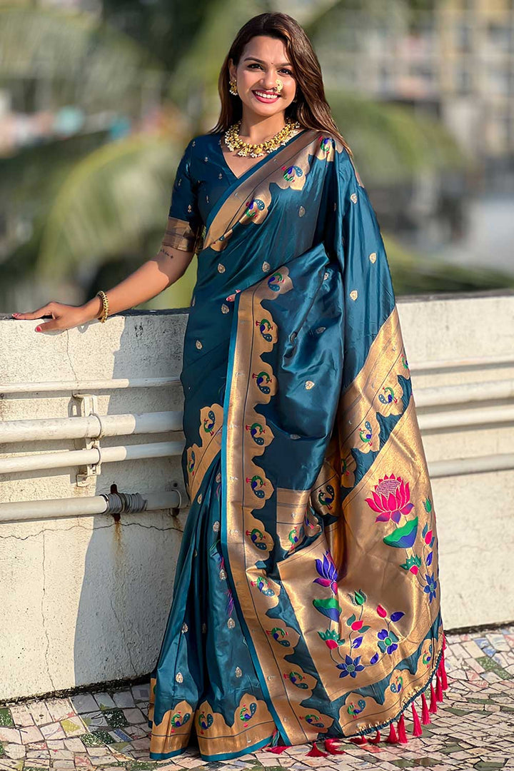 Teal Color Weaving Work Brilliant Paithani Silk Saree | Buy Online India