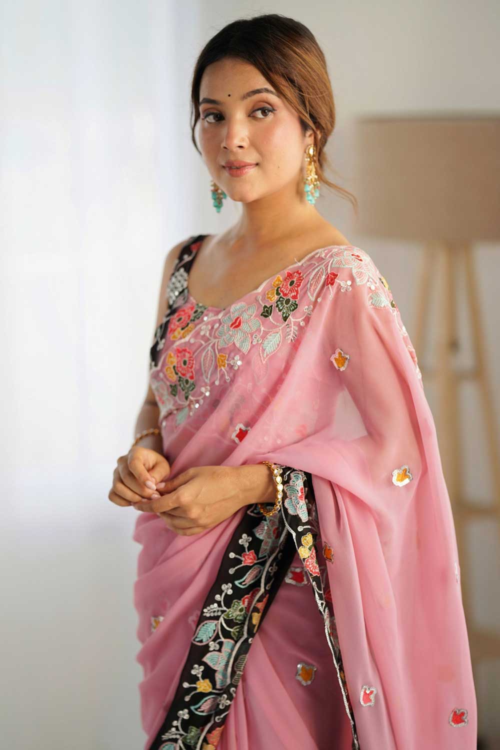 Radiant Black Color Embroidered Georgette Saree | Buy Online India