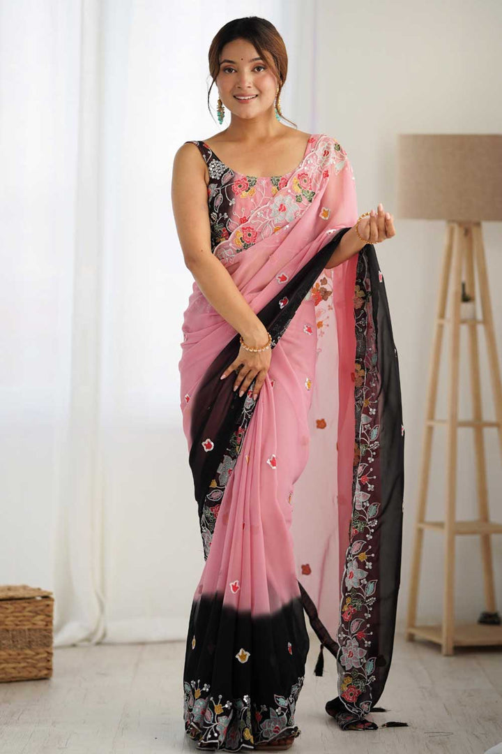 Radiant Black Color Embroidered Georgette Saree | Buy Online India