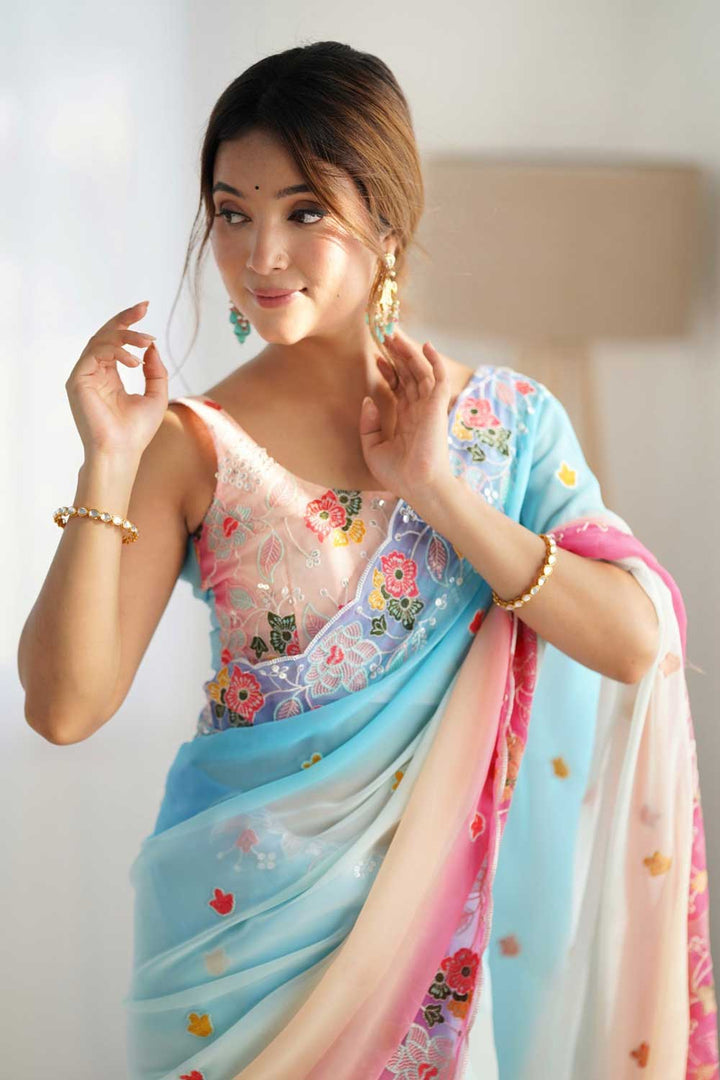 Blazing Sky Blue Color Embroidered Georgette Saree | Buy Online India