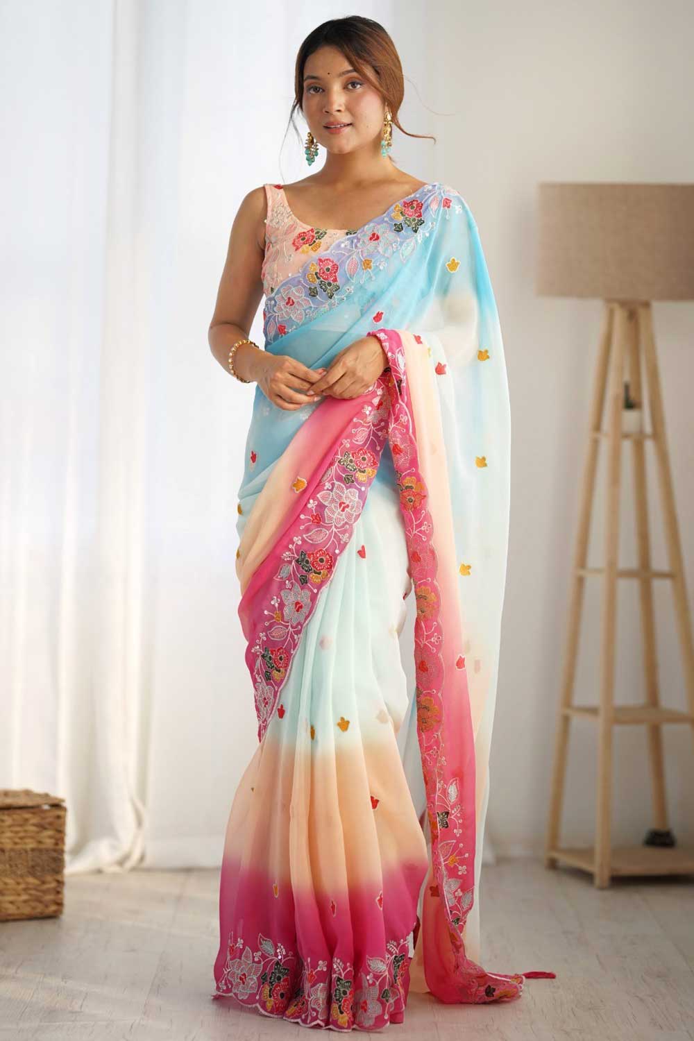 Blazing Sky Blue Color Embroidered Georgette Saree | Buy Online India