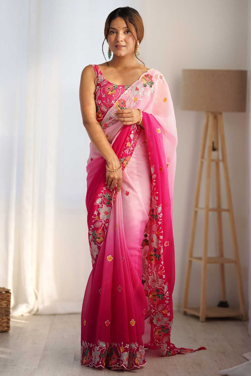 Enticing Embroidered Pink Color Georgette Saree | Buy Online India