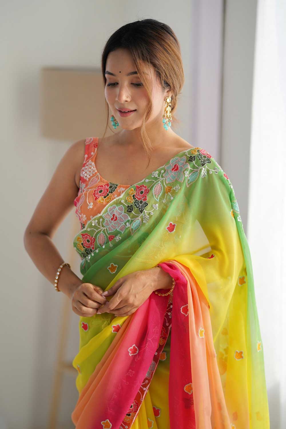 Attractive Yellow Color Embroidered Georgette Saree | Buy Online India