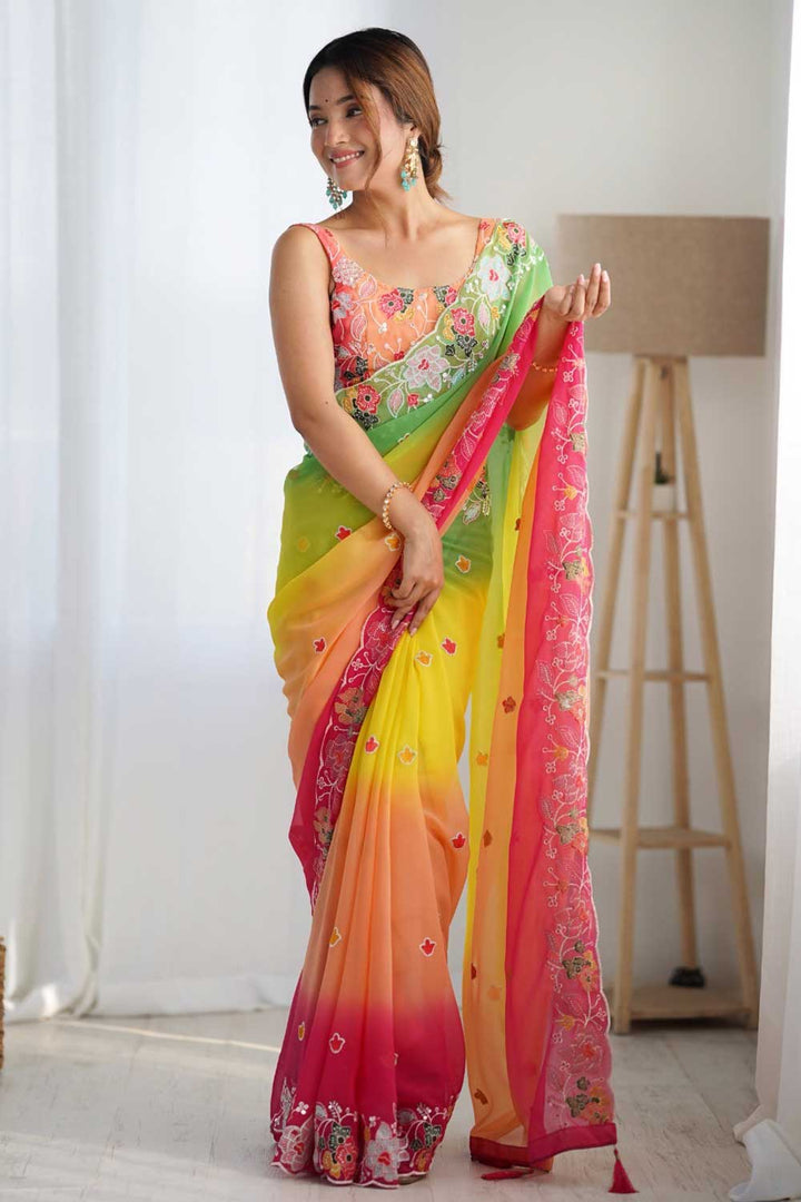Attractive Yellow Color Embroidered Georgette Saree | Buy Online India