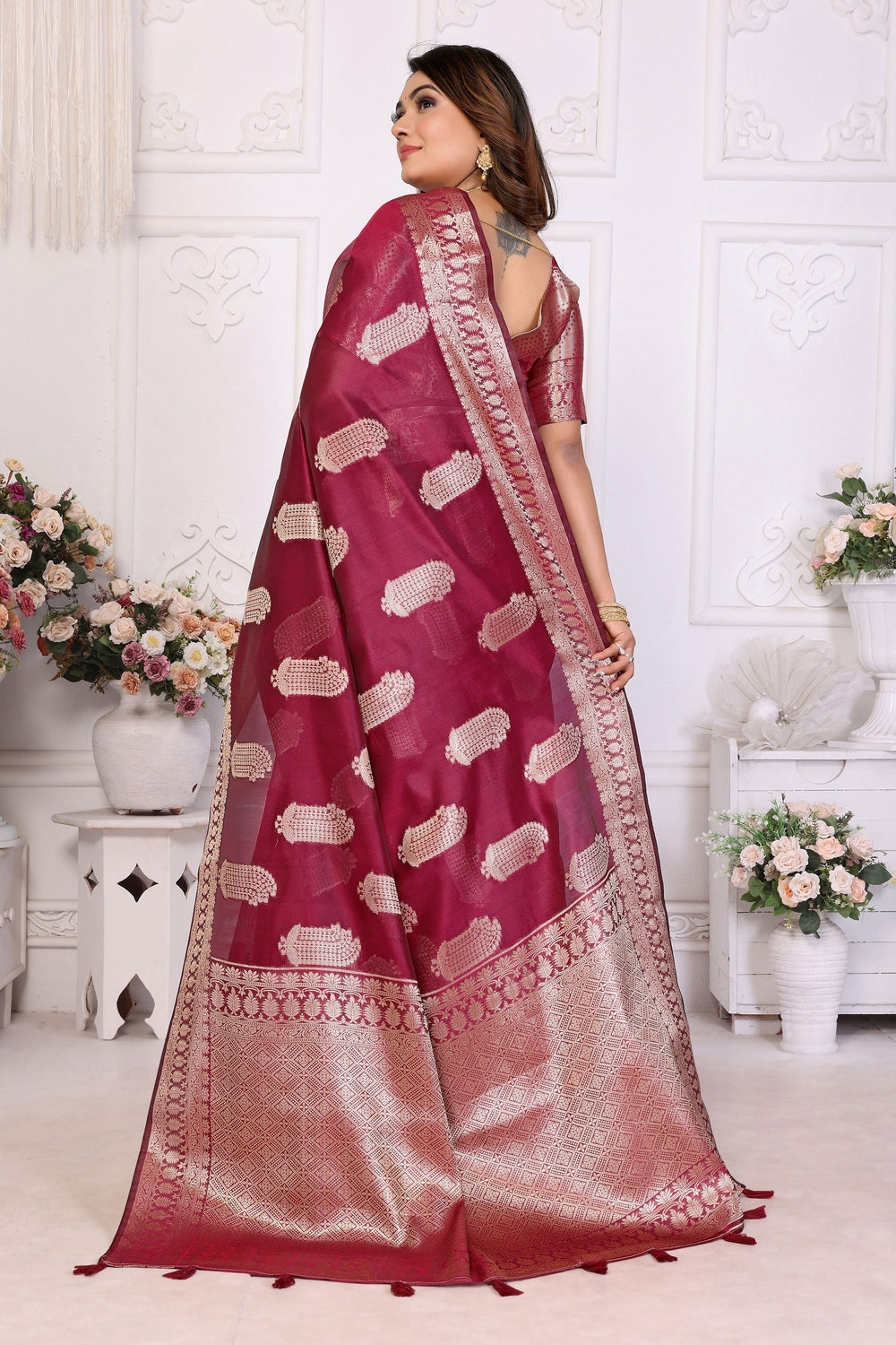 Burgundy Function Wear Organza Zari Weaving Saree | Buy Online India