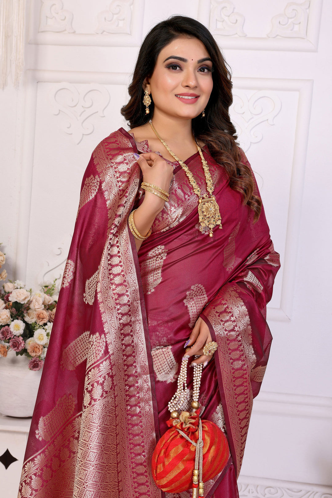 Burgundy Function Wear Organza Zari Weaving Saree | Buy Online India