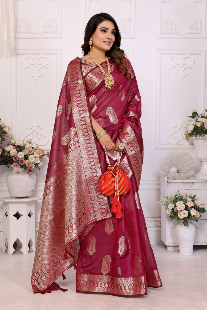 Burgundy Function Wear Organza Zari Weaving Saree | Buy Online India