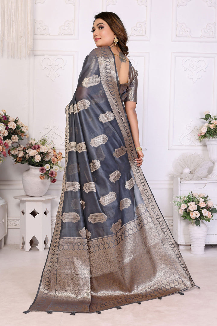 Organza Zari Weaving Saree In Grey Color | Buy Online India
