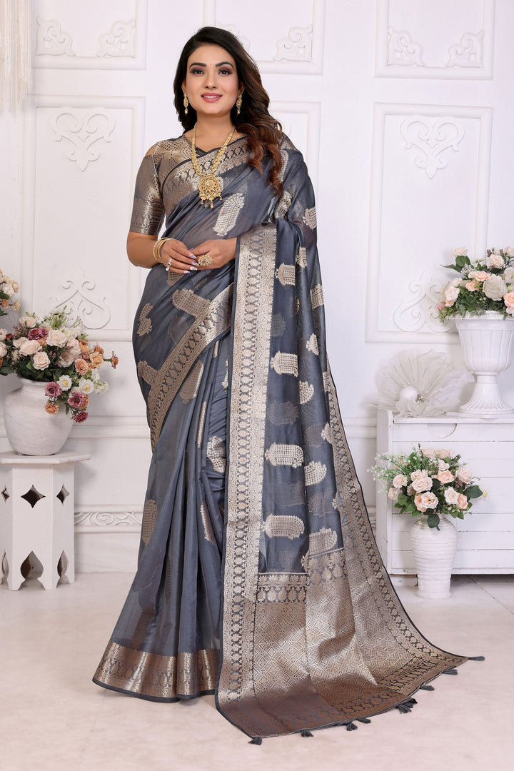 Organza Zari Weaving Saree In Grey Color | Buy Online India
